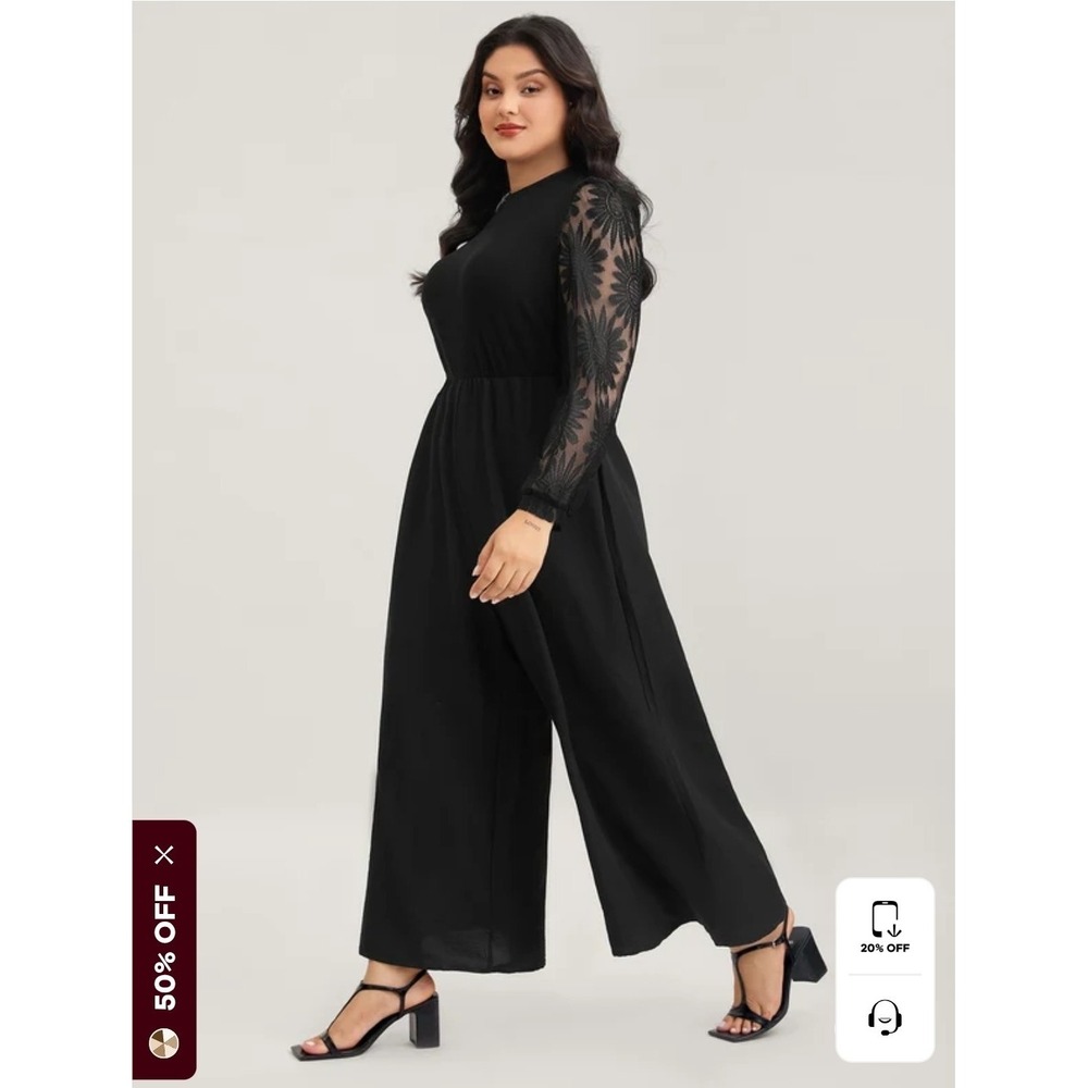 NWT BloomChic Womens 18-20 Black Sheer Floral Lace Long Sleeve Jumpsuit Wide Leg